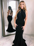 Mermaid Jewel Open Back Black Satin Prom Dress LBQ0179
